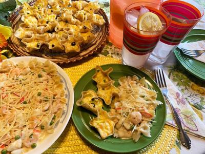 Cheddar Shrimp Nachos, Seafood Alfredo