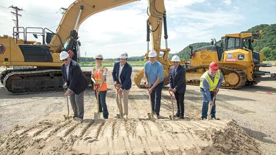 Taking part in the groundbreaking ceremony Monday at Ameren’s Big Hollow Energy Center from left are Dennis Gannon, county executive; Rachelle Lengermann, president of Plocher Construction; Kyle Smith of McCarthy Building Companies; David Haug, superint...