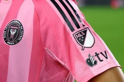 Image of the MLS and Apple TV logos on the sleeve of an Inter Miami jersey during an MLS game in 2025