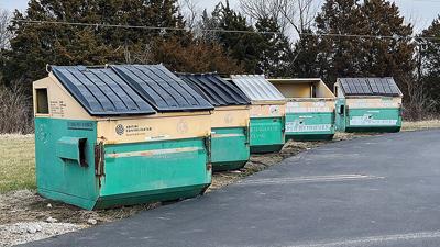 Recycling dumpsters at Plattin Primary, just after a cleanup.