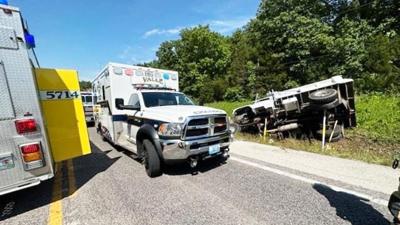 This dump truck overturned in De Soto, shutting down a section of Hwy. 21