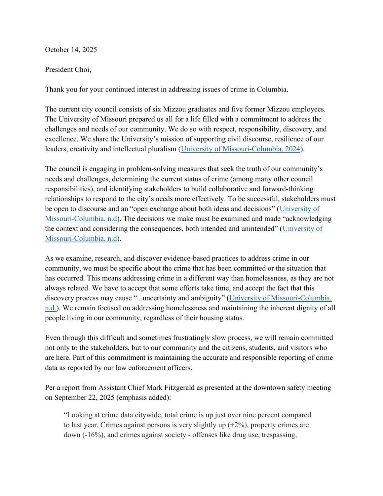 READ: Letter from Columbia City Council members to UM System President Mun Choi over crime, homelessness