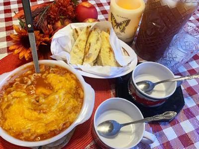 Pepperoni and Cheese Soup, Crunchy Breadsticks