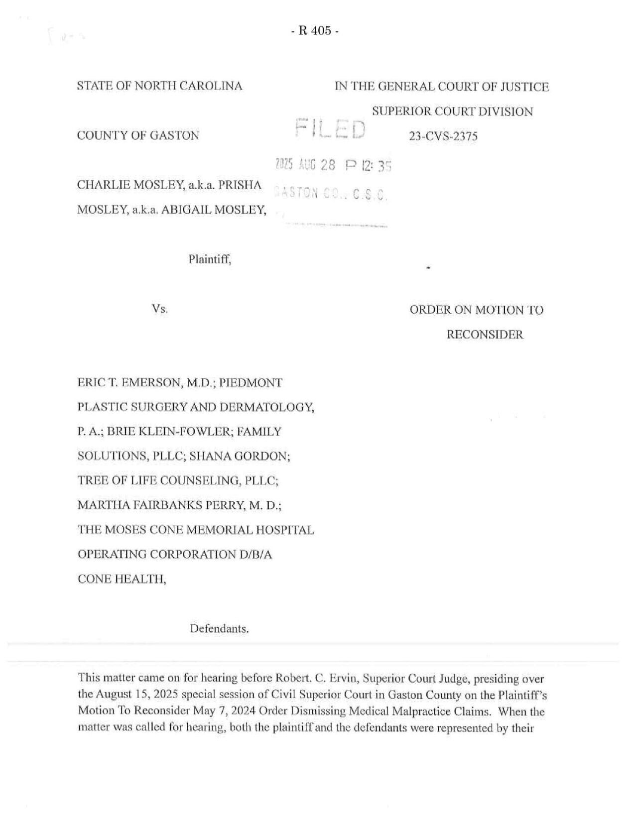 FNF - NC - Lawsuit Mosley v Emerson Trial Court Ruling Aug 25 2025