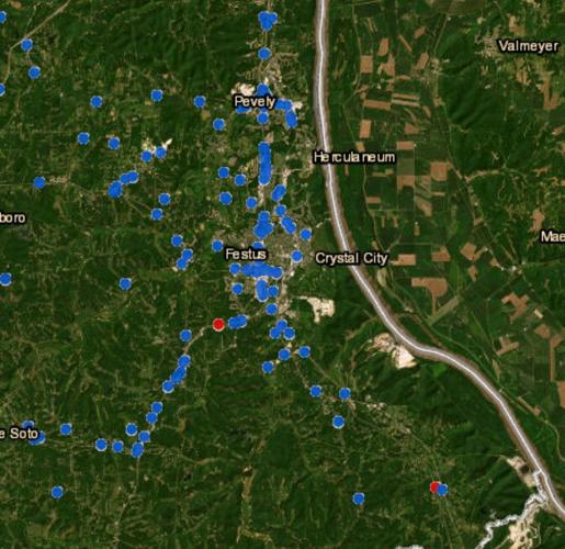 This map marks 2025 crashes along I-55 in Jefferson County.