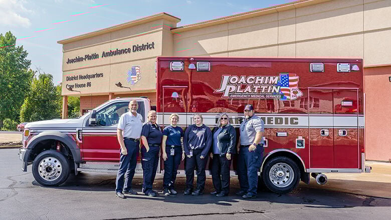Joachim-Plattin Ambulance District employees, from left, Duty Chief Gary Stefan, Paramedic Lisa Broombaugh, Paramedic Sydney Stewart, EMT Savannah Murrie, Chief Tracy Howell and Lt. Kevin Boyer.