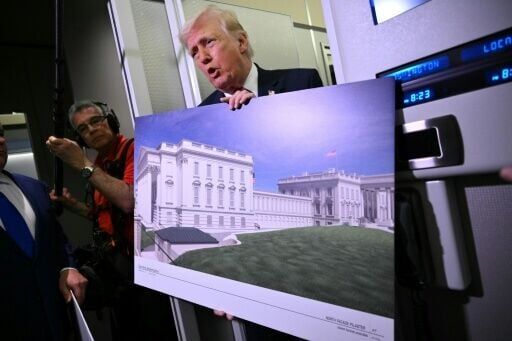 President Donald Trump showing renderings of the future White House ballroom while aboard Air Force One