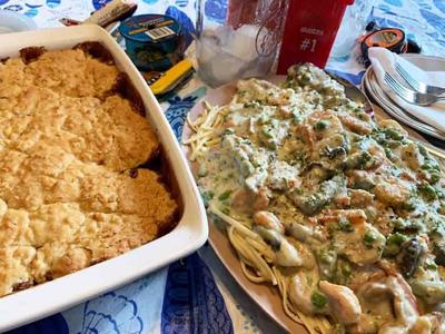 Candy Apple Cobbler, Veggie-Shrimp Alfredo