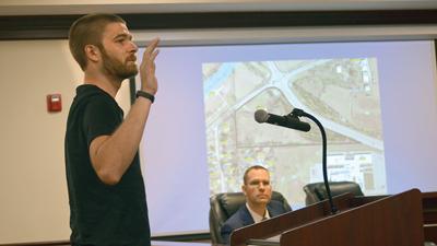 Andrew Kowalenski speaks to the board about traffic on Old Lemay Ferry Road.