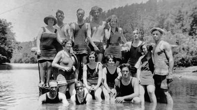 Swimmers stand in the Meramec River at Times Beach Resort in the 1920s.
