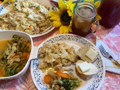 Three-Cheese Chicken and Noodles, Apricot Glazed Vegetables