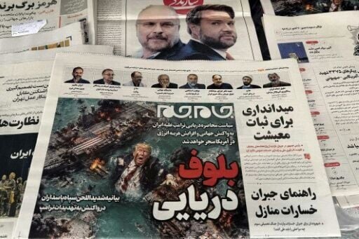 An Iranian newspaper featured a cartoon of US President Donald Trump drowning in the Strait of Hormuz with the headline 'Marine Bluff'