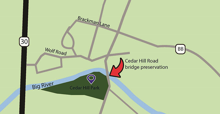 The bridge is located near Cedar Hill Park and the Cedar Hill Fire Protection District Station 1.
