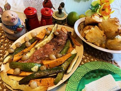 Cajun Pork Tenderloin with Roasted Vegetables; Four-Ingredient Cheese