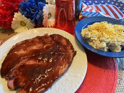Apricot Barbecued Ham Steaks, Dilly Potato Salad