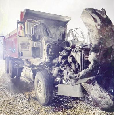 This dump truck parked off Warne Street in Festus was damaged by a fire.