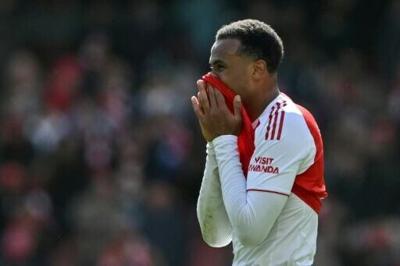 Arsenal defender Gabriel Magalhaes shows his frustration