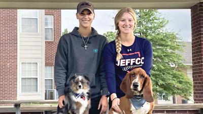 Jefferson College students Jamilyn Bagby, left, and Lindsey Brandt are shown with their emotional support animals.