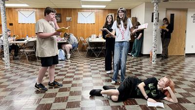 Tyler Potter, Cora Meyr, Alice Ditto and Hayden Rector rehearse for the teen show, “The Brothers Grimm Spectaculathon!”