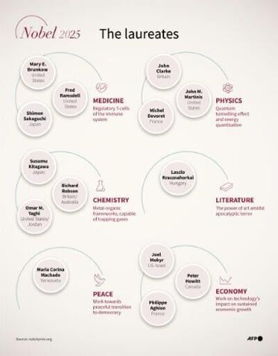 Infographic showing the laureates for the different Nobel prizes in 2025