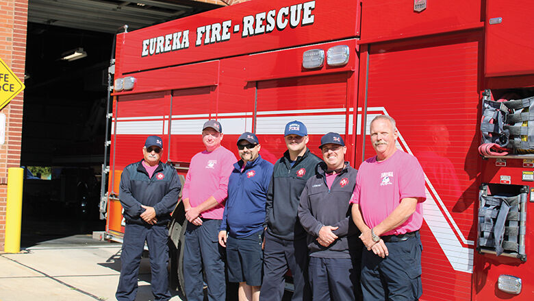 Eureka Fire Protection District firefighters on the A shift, from left: Jeff Peterson of Affton, Josh Voigt of Rolla, Rich Hogan of Lemay, Austin Olendorff of St. Charles, Colton Liebenguth of Sullivan and Brian Callahan of Washington.