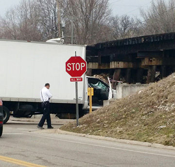 A box truck struck the railroad trestle on Horine Road in Festus this morning.