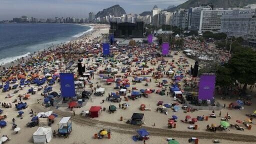 Aerial view showing the stage hours before Colombian singer Shakira was expected to perform at Copacabana Beach in Rio de Janeiro