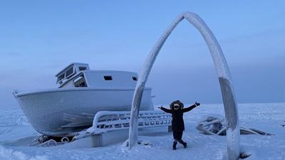 Stephanie Thomas of Imperial took this picture of her friend, Barb Short, in February 2021, at the Whalebone Monument in Barrow, Alaska.