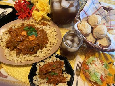 Sweet and Sour Beef Stew, Onion Cheese Muffins
