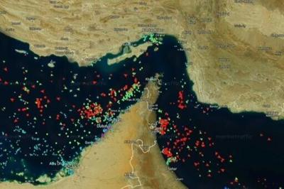This screen grab taken from a screen recording of the MarineTraffic website on April 21, 2026, shows data visualisation of maritime traffic in the Gulf, Strait of Hormuz and Gulf of Oman from April 18 to April 20