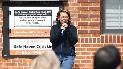 Monica Kelsey, founder and CEO of Safe Haven Baby Box, speaks at the dedication of the baby box installed at Eureka Fire Protection District’s House 2 on March 19.