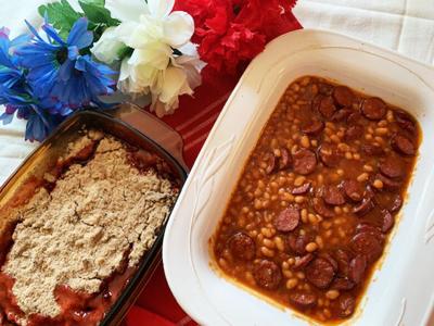 Smoked Sausage and Baked Bean Casserole, Microwave Cherry Crisp