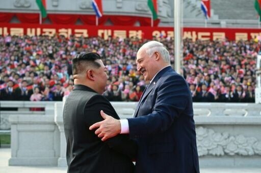Belarusian state media showed Kim and Lukashenko hugging at a lavish welcome programme on Wednesday involving an artillery salute and goose-stepping soldiers before a large flag-waving crowd at Kim Il Sung Square