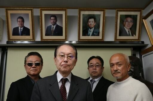 Leaders of ultra-nationalist group Taikosha (L-R) general manager Gasho Murata, chairman Hitoshi Marukawa, campaign chief Naoto Ozawa and Masato Kobari, editor in chief of a publishing house which publishes Taikosha’s official magazines