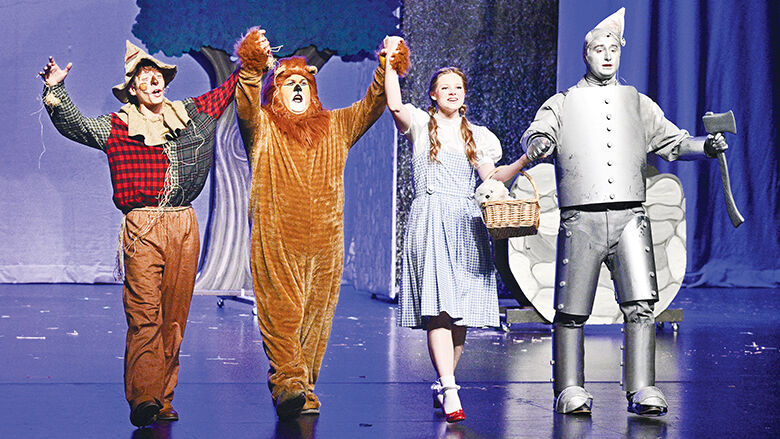 From left, Will Hoppmann, Lucky Perry, Haylee Sitz and Nick Rowley perform in Spotlight’s 2023 production of “The Wizard of Oz,” which had two casts of actors ranging from age 4 to 79.