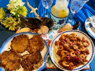 Skillet Shrimp Creole, Mediterranean-Style Crab Cakes