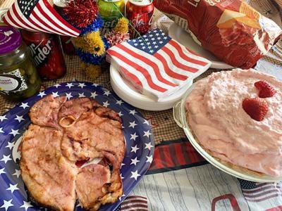 Grilled Ham Steak with Mustard Sauce, Mile-High Strawberry Pie