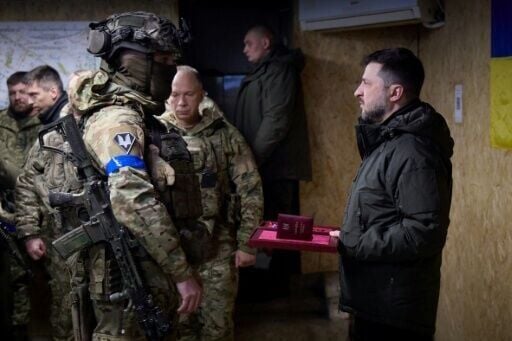 President Volodymyr Zelensky with Ukrainian forces in Kupiansk, Kharkiv region, on December 12, 2025