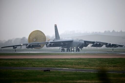 A US Air Force Boeing B-52 Stratofortress on a runway in south west England