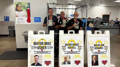 Crystal City Mayor Mike Osher, left, Hillsboro Mayor Buddy Russell and Festus Mayor Sam Richards