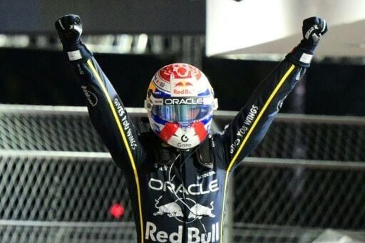 Red Bull's Max Verstappen celebrates after winning the Las Vegas Formula One Grand Prix
