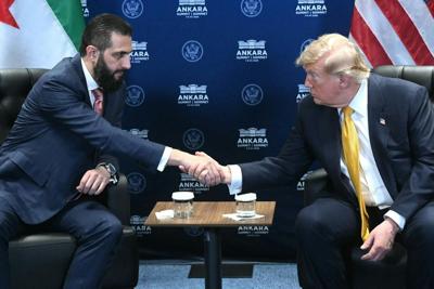 U.S. President Donald Trump meets Syrian President Ahmed al-Sharaa in Turkey on July 8, 2026.