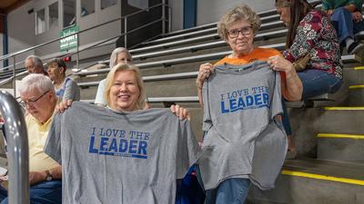 Joy Laschober of High Ridge, left, and Jeri Rider of Pevely won T-shirts during a round of bingo at last year’s South County Senior Expo.