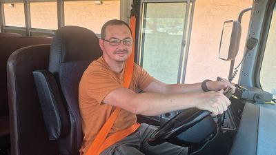 Mike Bacon, 36, of St. Louis County drove a school bus on July 29 during the Fox C-6 School District Bus Driver Recruitment Fair at the Fox C-6 Service Center in Arnold.