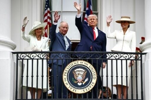 US President Donald Trump, First Lady Melania Trump, Britain's King Charles III and Queen Camilla waved from the White House balcony