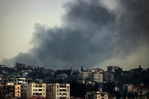 Smoke rises from the site of an Israeli airstrike that targeted the southern Lebanese town of Deir al-Zahrani on April 15, 2026