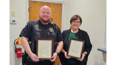 Herculaneum Police Officer Kenneth Westcott and Detective Cpl. Jacquelyn Olsen on Nov. 17 received proclamations for their work during a recent investigation.