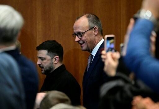 German Chancellor Friedrich Merz and Ukraine's President Volodymyr Zelensky at the 8th German-Ukrainian Economic Forum in Berlin