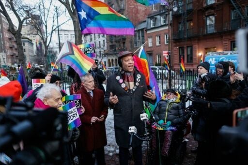 Human Rights activist Jay Walker speaks during a protest in front of the Stonewall Monument in Manhattan in New York