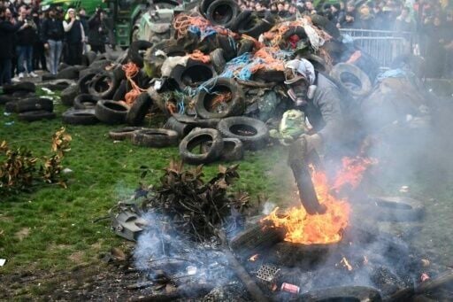Farmers lit fires near the European Parliament in Brussels in protest at a planned trade deal with South American bloc Mercosur